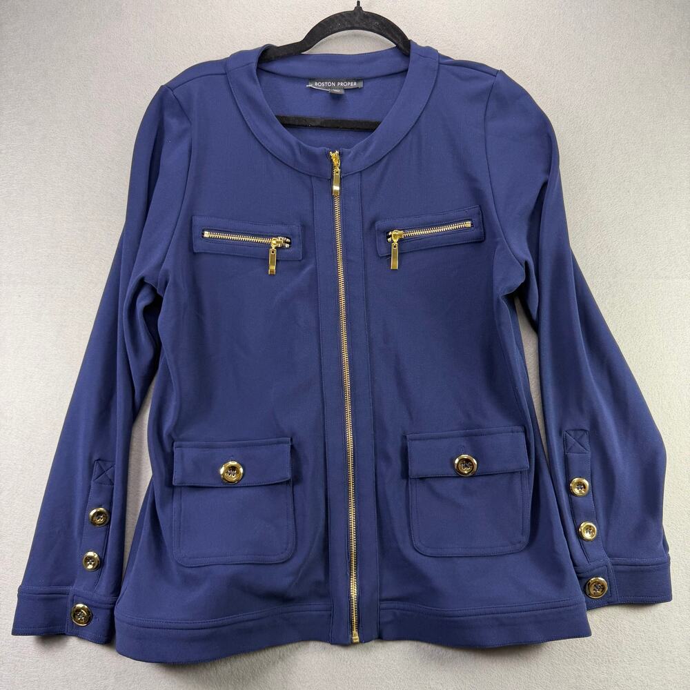Boston Proper Women’s Blue Zip-Up Jacket w/ Gold Accents – Size L